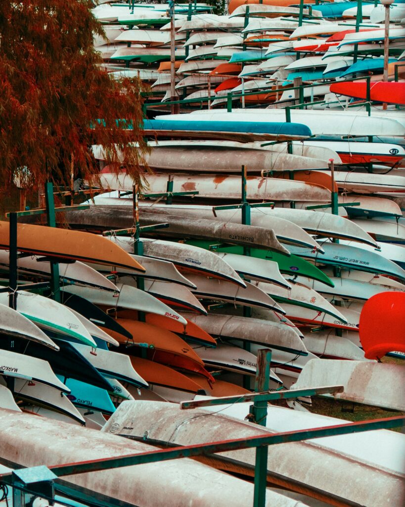 Dozens of kayaks stored on their sides on tall green metal racks next to an autumn tree